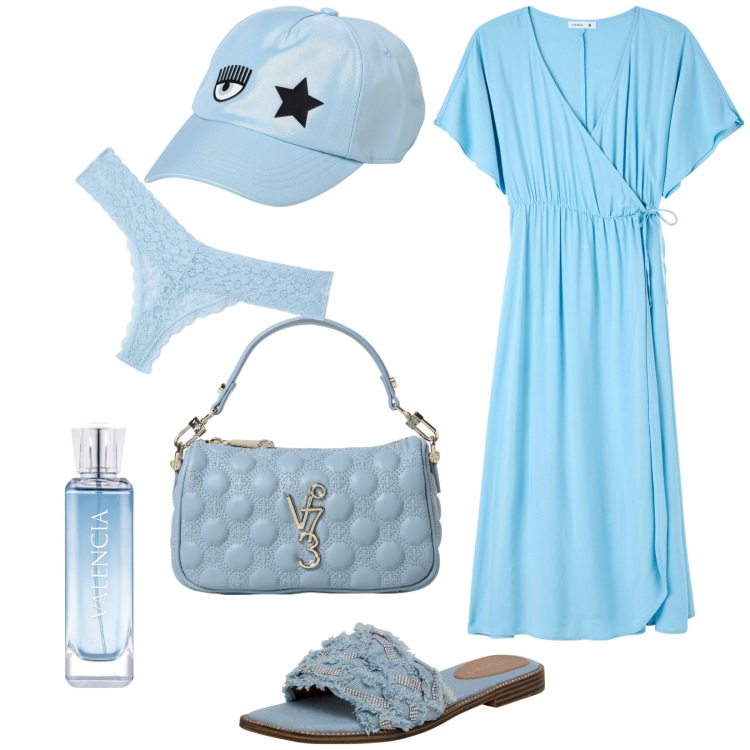 Outfit donna - Total look #1945979. Stile Casual per Tutti i giorni. Abbinamento con profumi, vestiti lunghi, ciabatte, culotte, borse a mano, cappelli con visiera.