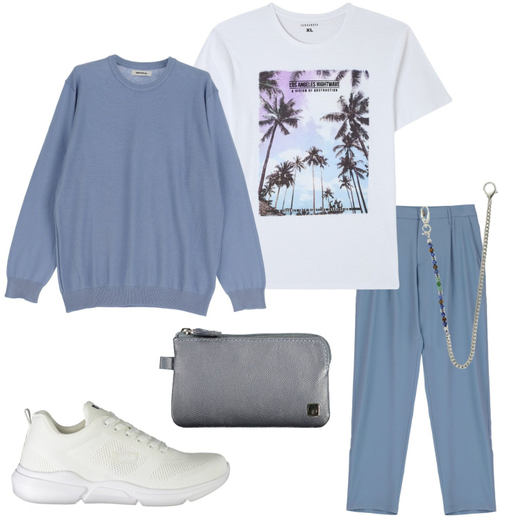 Outfit uomo - Azzurro intrigante. Stile Trendy per Tutti i giorni. Abbinamento con t-shirt, collane, pullovers, pantaloni, sneakers, portafogli.