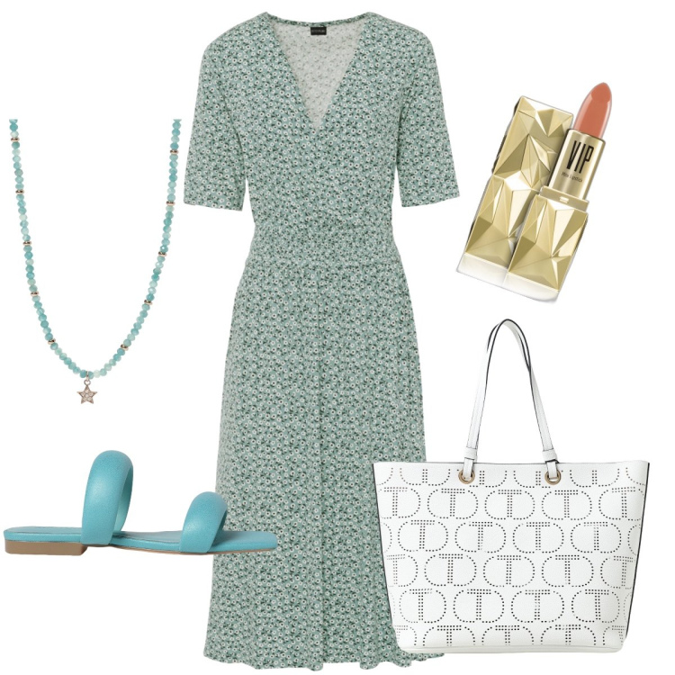 Outfit donna - Fiorellini piccoli. Stile Casual chic per Tutti i giorni. Abbinamento con vestiti, rossetti, collane, sandali in pelle, borse tote.