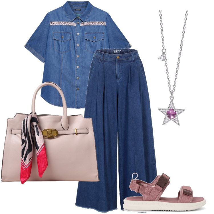 Outfit donna - Abbinamento denim. Stile Casual chic per Tutti i giorni. Abbinamento con gonne, collane, sandali, borse tote, camicie a manica corta.
