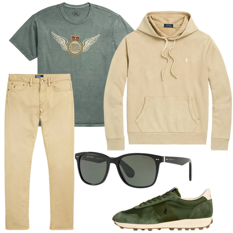 Outfit uomo - La felpa versatile. Stile Casual per Tutti i giorni. Abbinamento con felpe con cappuccio, occhiali da sole, pantaloni chino, t-shirt, sneakers.