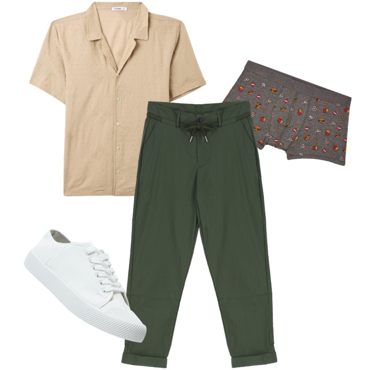 Outfit uomo - I pantaloni con risvolto. Stile Trendy per Tutti i giorni. Abbinamento con camicie a manica corta, sneakers, boxer, pantaloni.