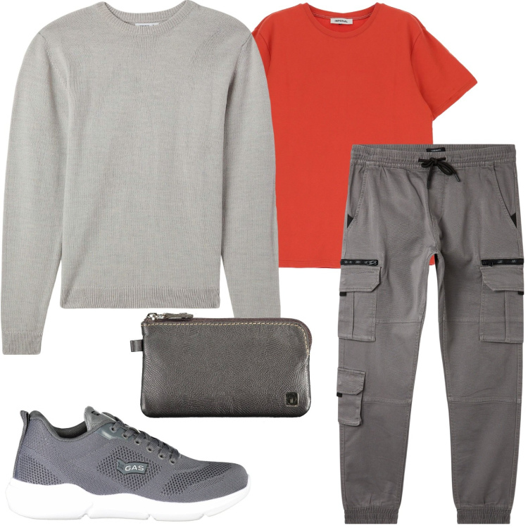 Outfit uomo - La t-shirt rossa. Stile Trendy per Tutti i giorni. Abbinamento con t-shirt, pantaloni cargo, maglieria, portafogli, sneakers.