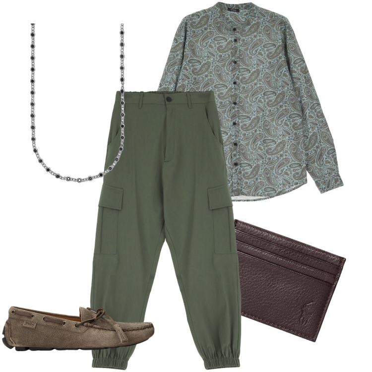 Outfit uomo - Dal verde al marrone. Stile Trendy per Serata speciale. Abbinamento con collane, camicie, pantaloni cargo, scarpe stringate, portafogli.