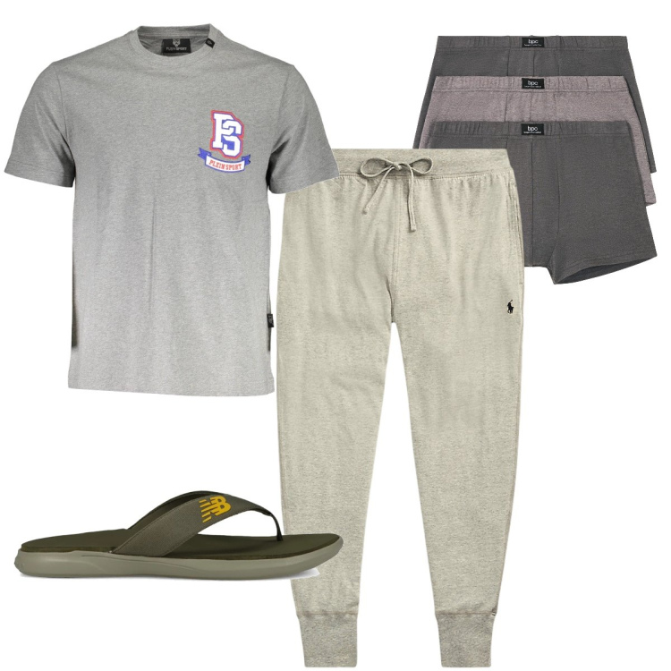 Outfit uomo - A casa in relax. Stile Casual per Tutti i giorni. Abbinamento con boxer, sandali, pantaloni, t-shirt.