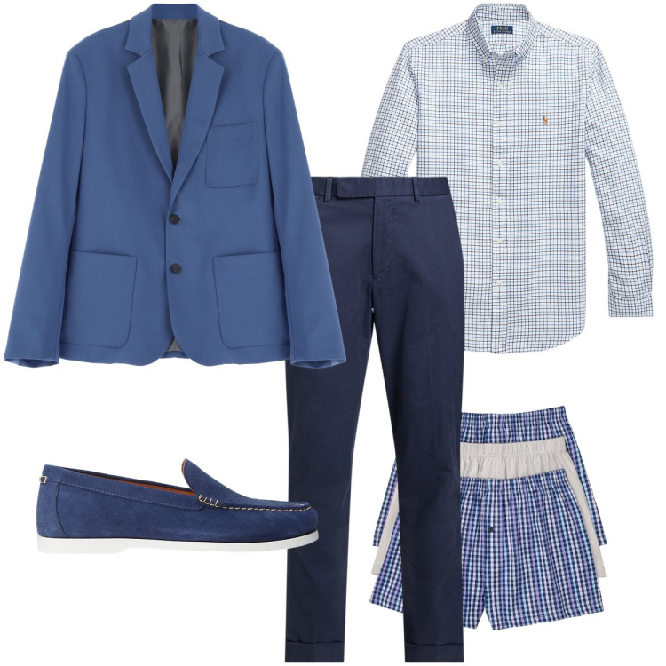 Outfit uomo - Elegante in azzurro. Stile Business/Elegante per Serata speciale. Abbinamento con boxer, giacche, scarpe stringate, camicie, pantaloni chino.