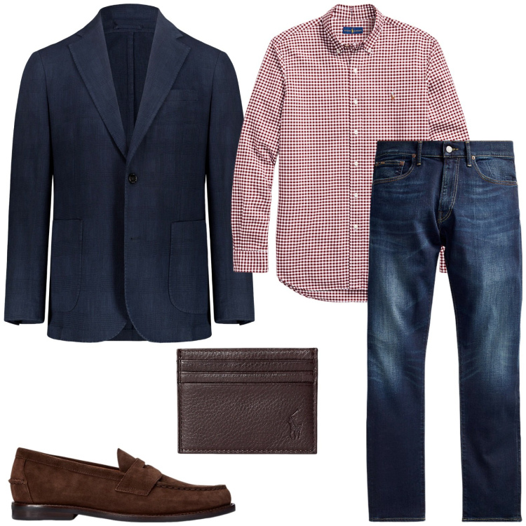 Outfit uomo - Al lavoro in blu. Stile Urban per Ufficio. Abbinamento con scarpe stringate, jeans, portafogli, camicie, giacche.