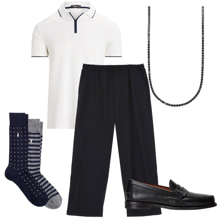 Outfit uomo - Cerimonia in polo. Stile Business/Elegante per Cerimonia. Abbinamento con collane, pantaloni, calzini, scarpe stringate, polo.