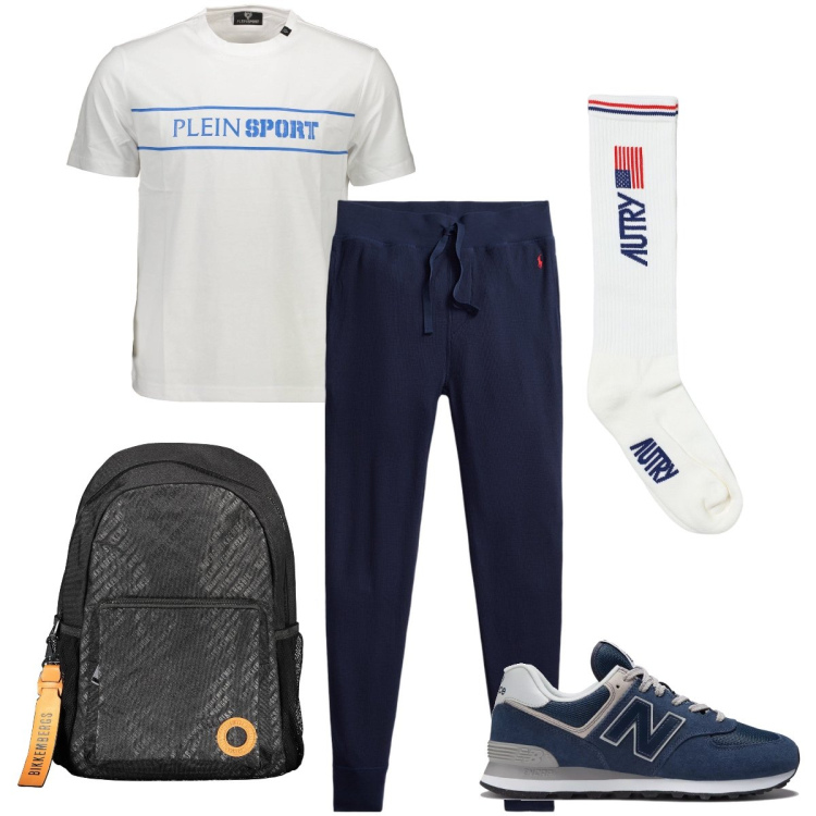 Outfit uomo - Molto sportivo. Stile Casual per Sport. Abbinamento con sneakers, pantaloni, t-shirt, borse sportive, calzini.