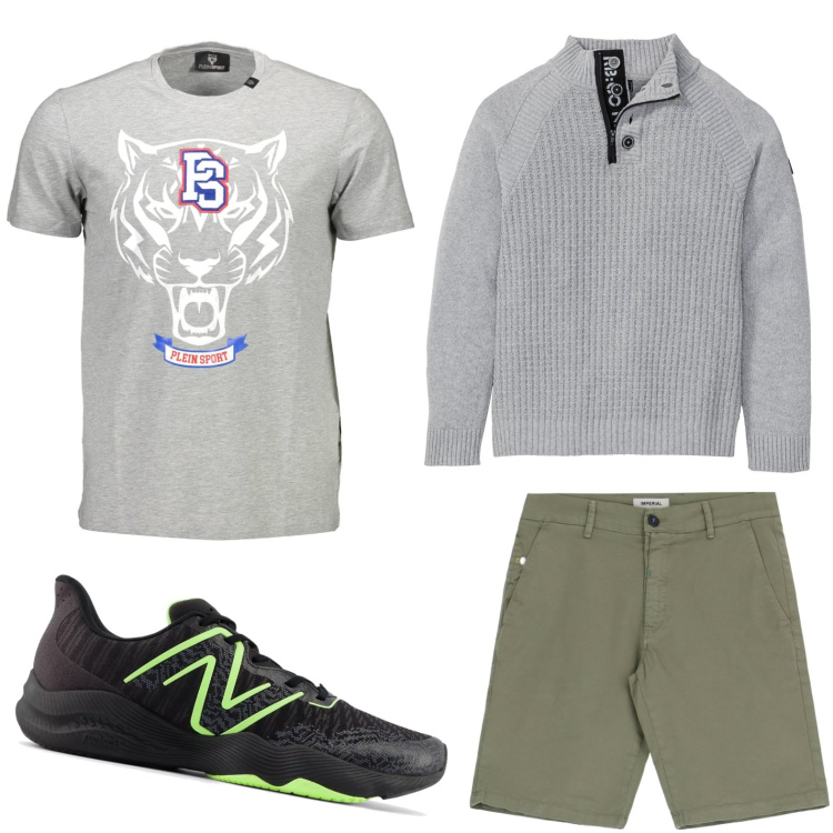 Outfit uomo - Free time. Stile Trendy per Tutti i giorni. Abbinamento con maglieria, sneakers, bermuda, t-shirt.