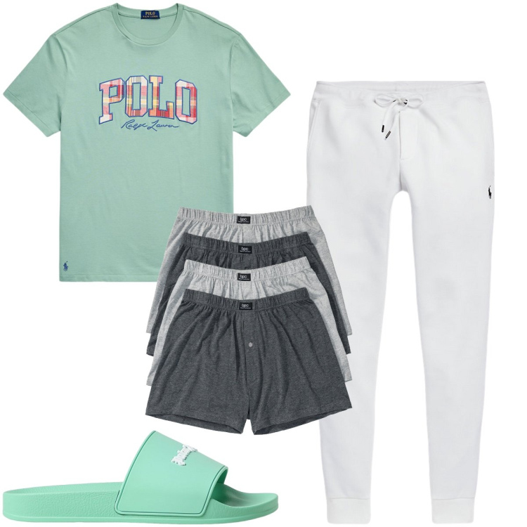 Outfit uomo - Domenica mattina. Stile Casual per Tutti i giorni. Abbinamento con boxer, pantaloni, t-shirt, sandali.