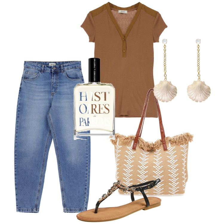 Outfit donna - Back to my days. Stile Casual per Tutti i giorni. Abbinamento con profumi, sandali gioiello, jeans, orecchini, t-shirt, borse a spalla.