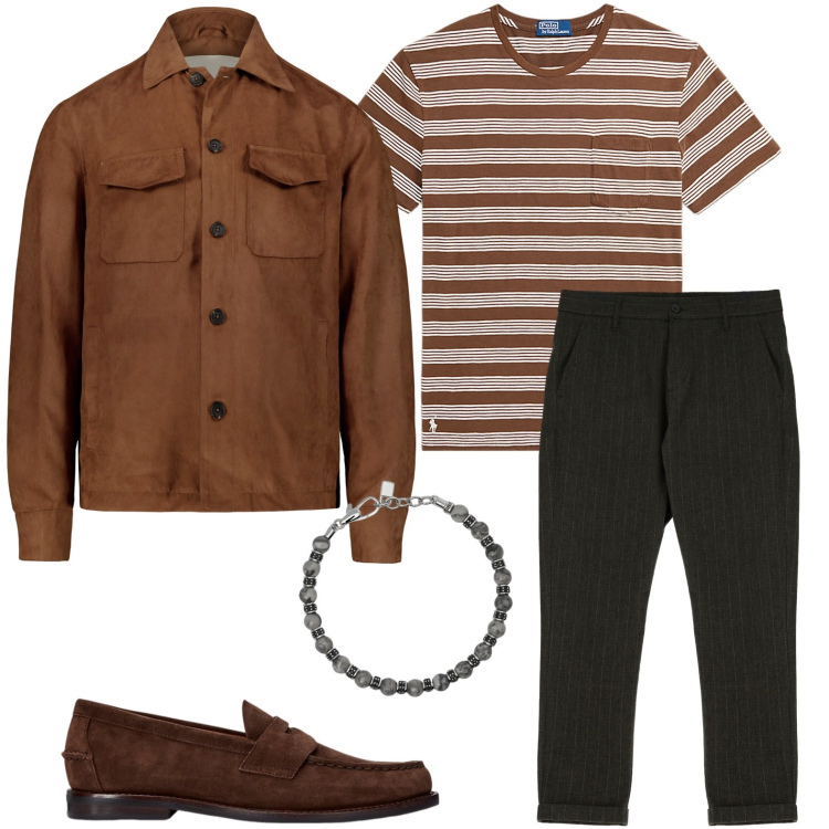 Outfit uomo - Le righe galeotte. Stile Trendy per Serata speciale. Abbinamento con braccialetti, pantaloni, scarpe stringate, t-shirt, giacche.