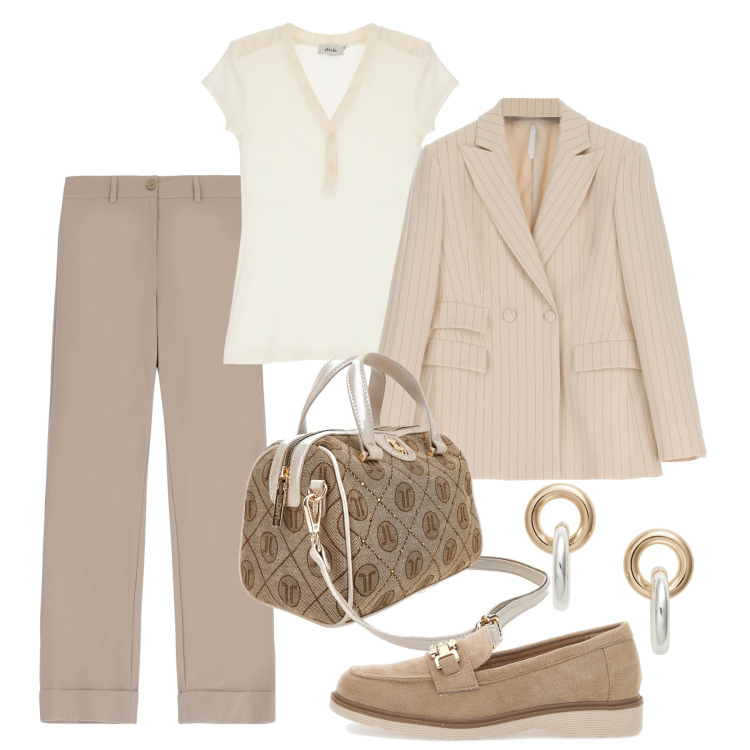 Outfit donna - Back to office. Stile Mannish per Ufficio. Abbinamento con blazer, pantaloni, t-shirt, orecchini, mocassini, borse a mano.