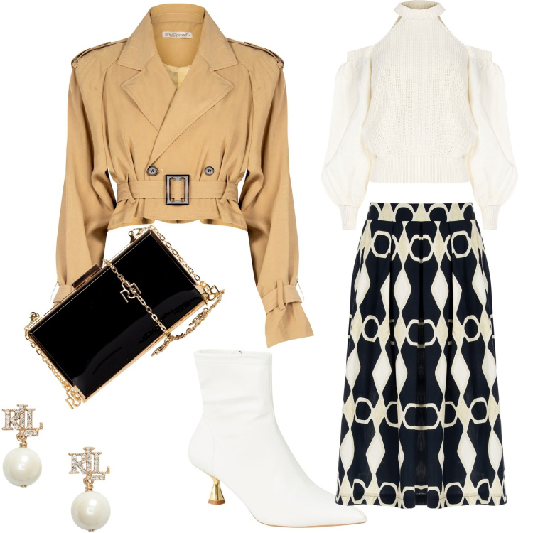 Outfit donna - Optical. Stile Glamour per Cerimonia. Abbinamento con stivaletti, trench, gonne longuette, maglieria, pochette, orecchini.