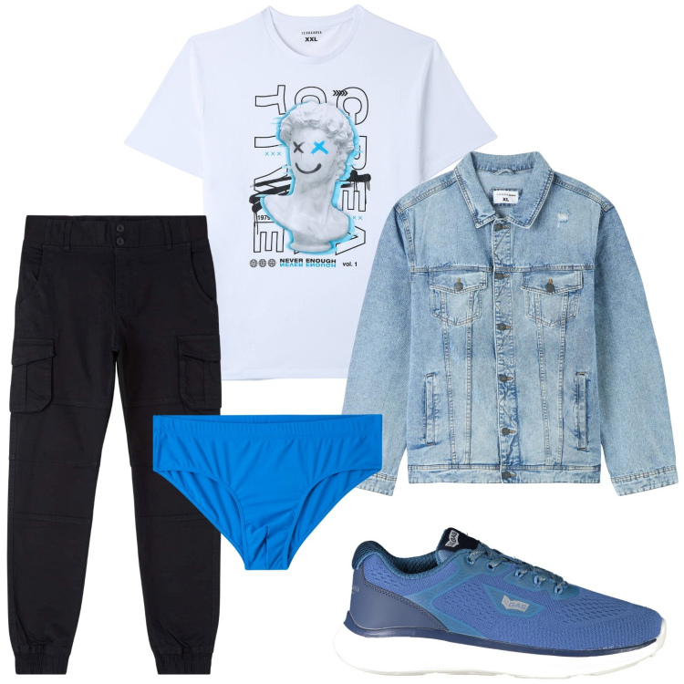 Outfit uomo - Giacca in jeans. Stile Trendy per Tutti i giorni. Abbinamento con giacche, costumi, pantaloni cargo, t-shirt, sneakers.