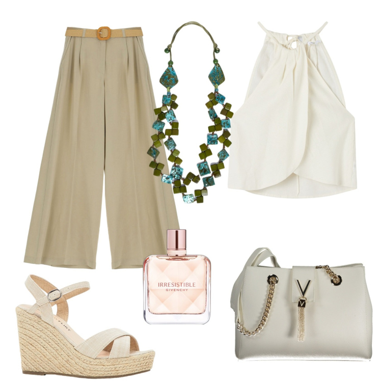Outfit donna - In città. Stile Casual per Tutti i giorni. Abbinamento con sandali, profumi, top, pantaloni a palazzo, collane, borse a spalla.
