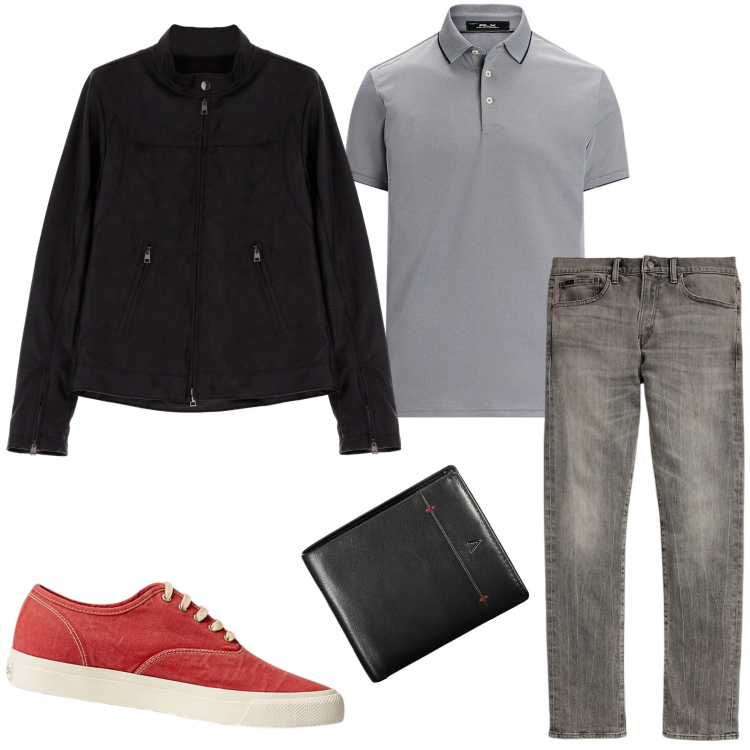 Outfit uomo - Sneackers rosse. Stile Casual per Ufficio. Abbinamento con giacche, sneakers, jeans, polo, portafogli.