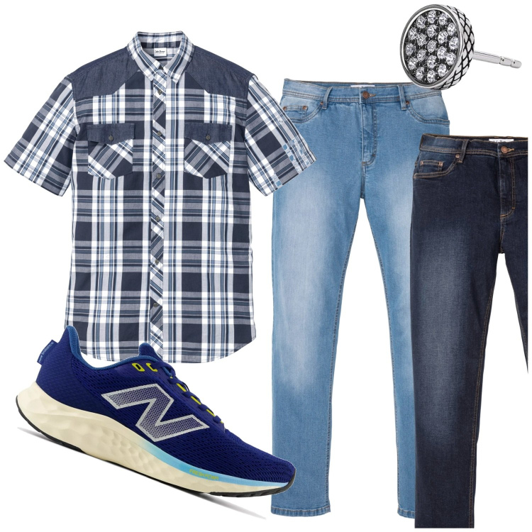 Outfit uomo - Total look #1946114. Stile Casual per Tutti i giorni. Abbinamento con jeans dritti, camicie a manica corta, orecchini, sneakers.