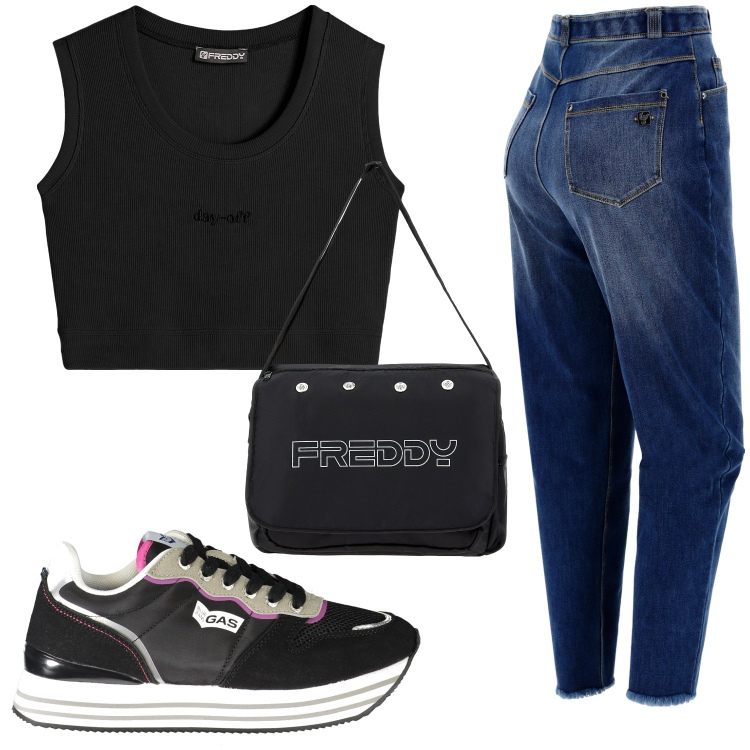 Outfit donna - Total look #1946131. Stile Casual per Tutti i giorni. Abbinamento con borse messenger, jeans, top, sneakers.