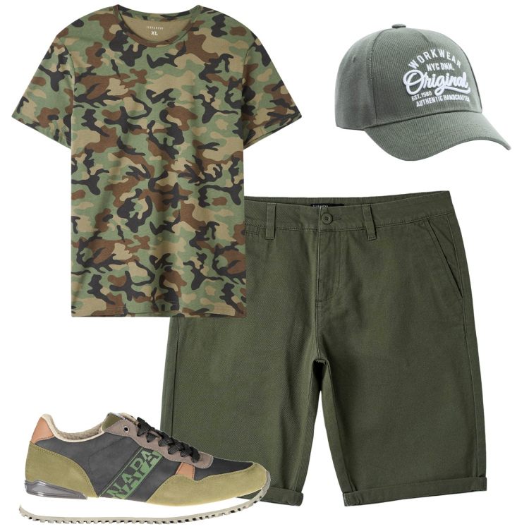 Outfit uomo - Con gli amici. Stile Casual per Tutti i giorni. Abbinamento con t-shirt, bermuda, cappelli, scarpe sportive.