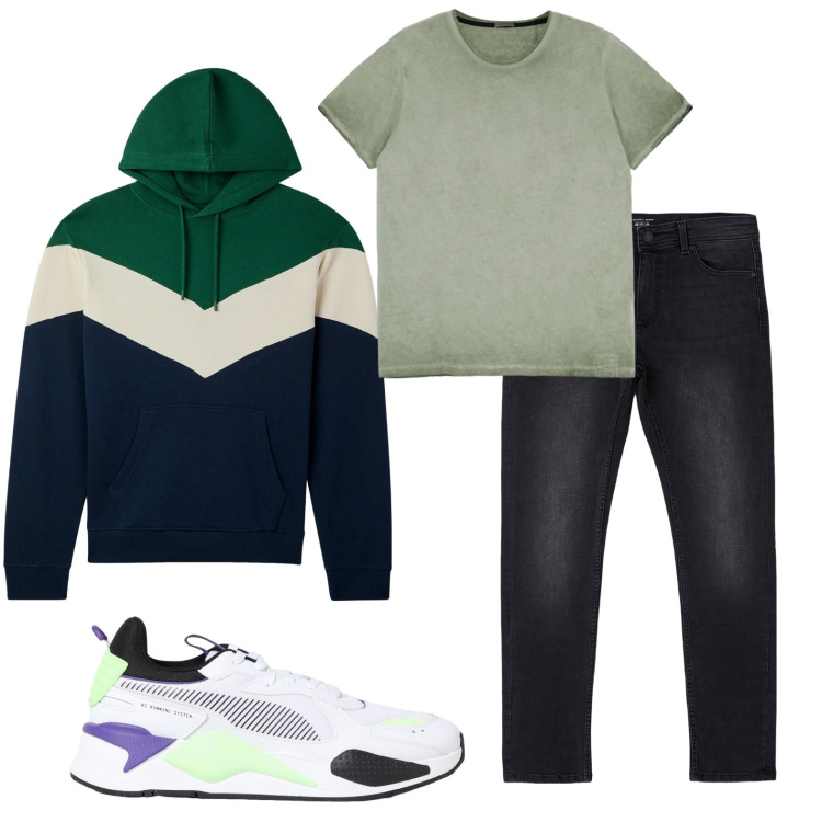 Outfit uomo - Felpa tricolore. Stile Trendy per Tutti i giorni. Abbinamento con felpe con cappuccio, jeans skinny, t-shirt, sneakers.