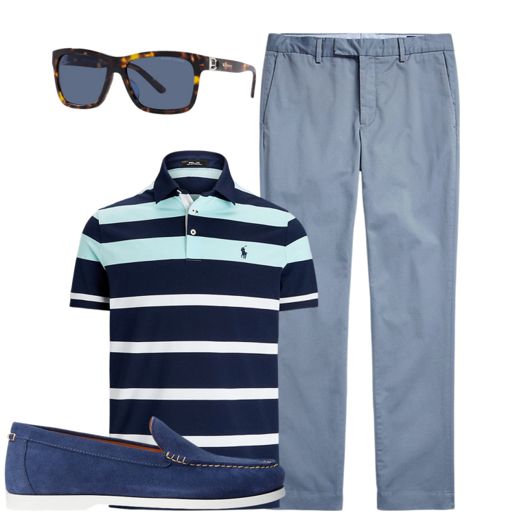 Outfit uomo - Total look #1946189. Stile Urban per Tutti i giorni. Abbinamento con scarpe stringate, pantaloni chino, occhiali da sole, polo.