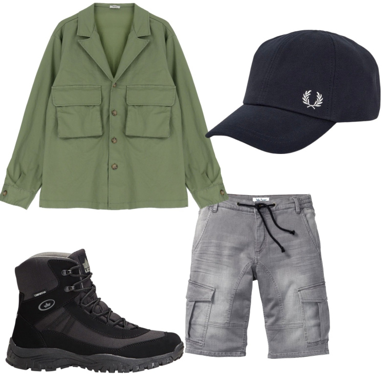 Outfit uomo - La camicia verde. Stile Trendy per Mare. Abbinamento con bermuda, stivali e stivaletti, camicie, cappelli.