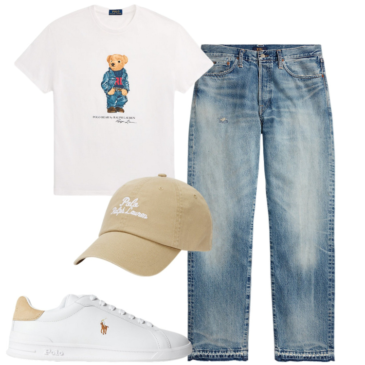 Outfit uomo - Total look #1946211. Stile Casual per Tutti i giorni. Abbinamento con sneakers, jeans dritti, cappelli, t-shirt.