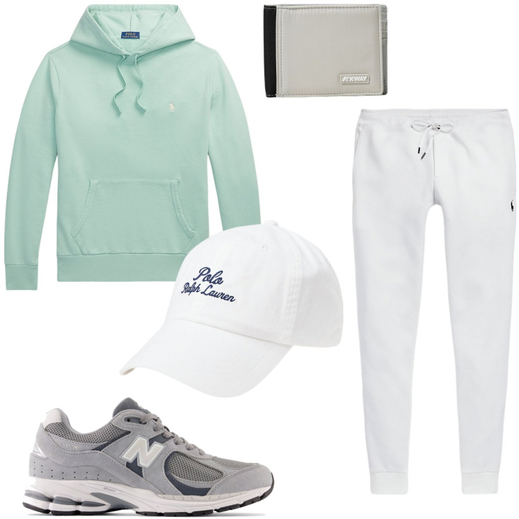 Outfit uomo - Felpa verde mare. Stile Trendy per Sport. Abbinamento con sneakers, felpe con cappuccio, pantaloni, cappelli, portafogli.