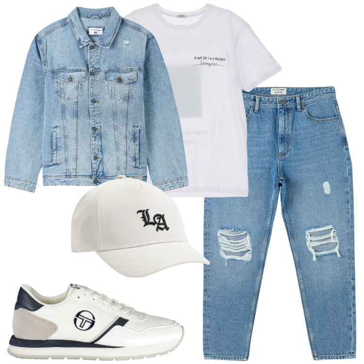 Outfit uomo - Total look #1946246. Stile Casual per Tutti i giorni. Abbinamento con jeans strappati, giacche, cappelli, t-shirt, scarpe sportive.