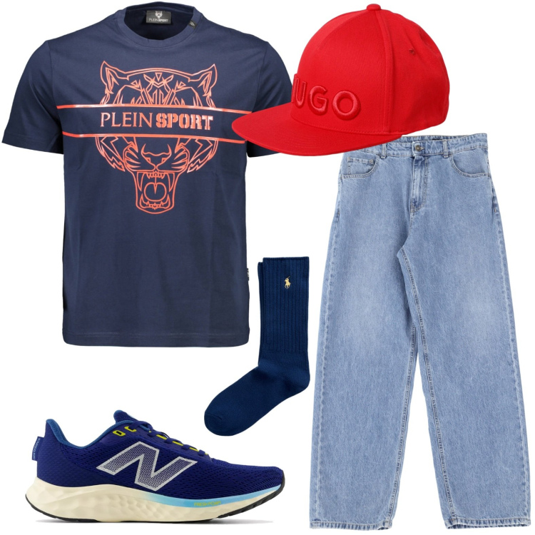 Outfit uomo - Jeans e cappellino. Stile Urban per Tutti i giorni. Abbinamento con sneakers, jeans, calzini, t-shirt, cappelli.