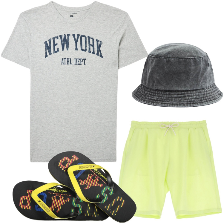 Outfit uomo - Al mare. Stile Urban per Mare. Abbinamento con cappelli, t-shirt, bermuda, sandali.