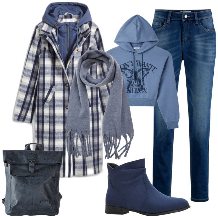 Outfit donna - Deep blue. Stile Casual per Tutti i giorni. Abbinamento con stivaletti, cappotti, jeans boyfriend, zaini, felpe con cappuccio, sciarpe.