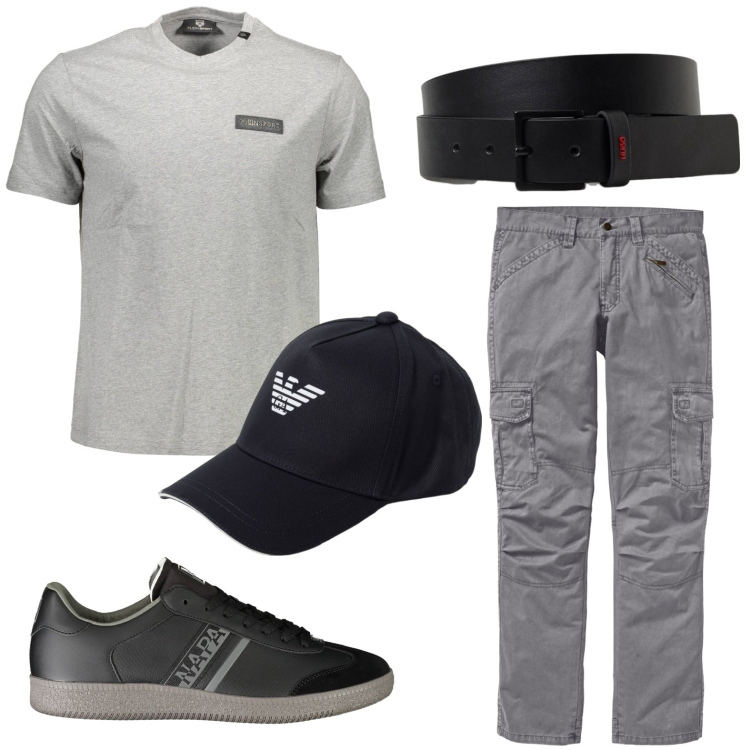 Outfit uomo - Grigio e nero. Stile Casual per Tutti i giorni. Abbinamento con pantaloni cargo, t-shirt, sneakers, cappelli, cinture.