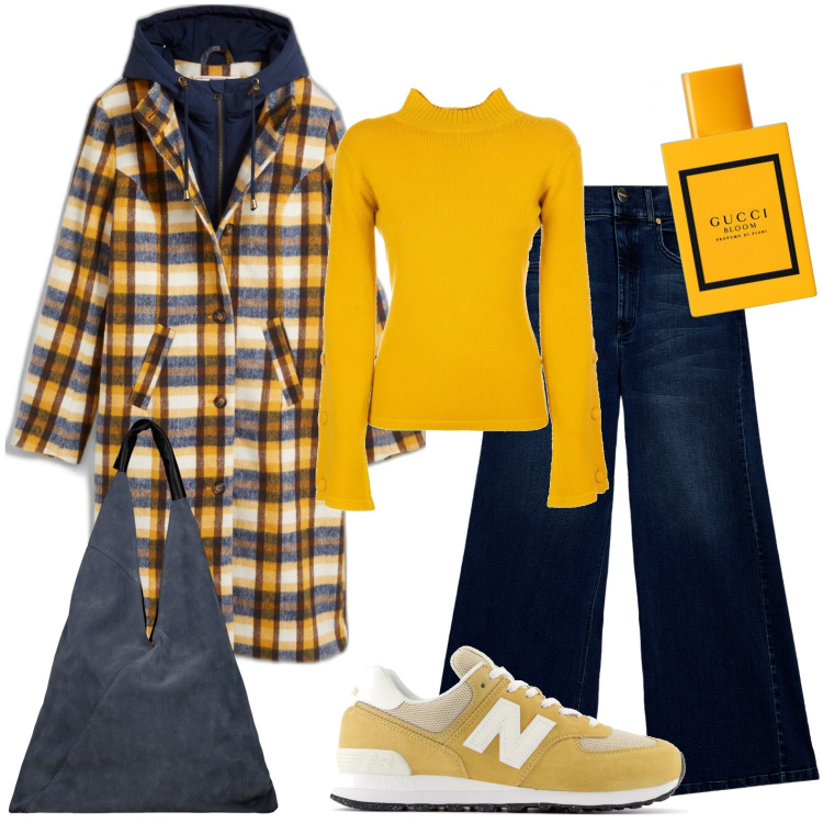 Outfit donna - Gucci e quadri. Stile 70s per Tutti i giorni. Abbinamento con cappotti, profumi, sneakers, maglieria, jeans bootcut, borse a spalla.