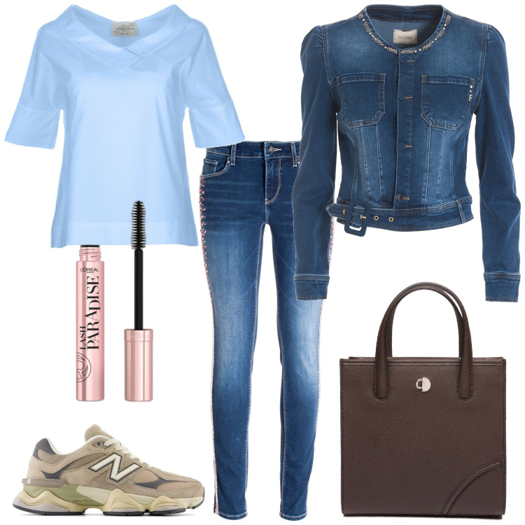 Outfit donna - I must have di fine estate. Stile Casual chic per Tutti i giorni. Abbinamento con mascara, sneakers, blazer, jeans skinny, bluse, shopping bag.