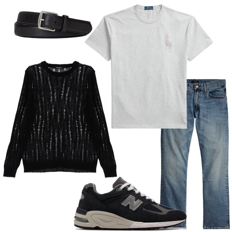 Outfit uomo - Jeans e sneackers. Stile Casual per Tutti i giorni. Abbinamento con sneakers, pullovers, cinture, jeans dritti, t-shirt.