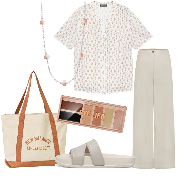 Outfit donna - Lo stile minimal per il rientro in città. Stile Minimal per Tutti i giorni. Abbinamento con ombretti, collane, borse tote, sandali, camicie a manica corta, pantaloni.