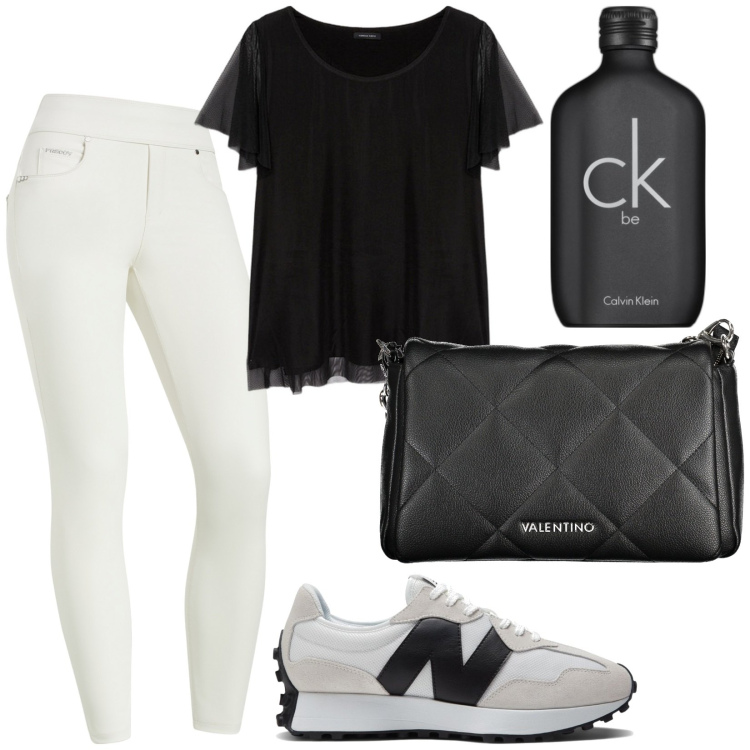 Outfit donna - Leggings e sneakers. Stile Casual per Tutti i giorni. Abbinamento con profumi, sneakers, jeggings, t-shirt, collane.