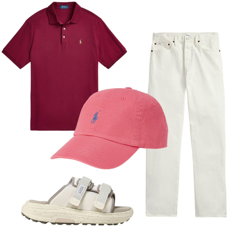 Outfit uomo - Jeans bianchi. Stile Trendy per Tutti i giorni. Abbinamento con jeans dritti, polo, cappelli, sandali.