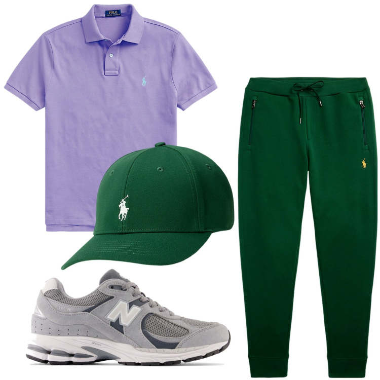 Outfit uomo - La polo viola. Stile Trendy per Sport. Abbinamento con sneakers, polo, pantaloni, cappelli.