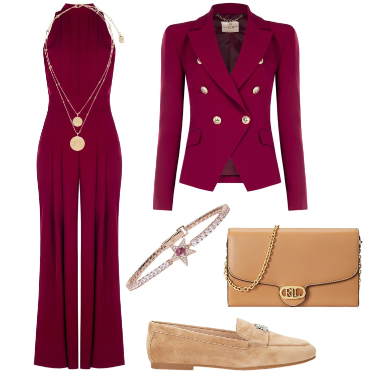 Outfit donna - Borgogna e cammello in ufficio. Stile Glamour per Cerimonia. Abbinamento con braccialetti, tute, blazer, ciondoli, mocassini, borse a tracolla.