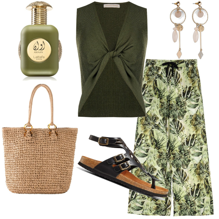 Outfit donna - Valle d\'Itria. Stile Etnico per Tutti i giorni. Abbinamento con orecchini, sandali in pelle, shopping bag, profumi, top, pantaloni a palazzo.