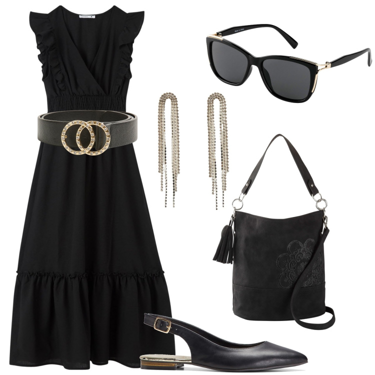 Outfit donna - Ancora caldo in città. Stile Vintage retrò per Tutti i giorni. Abbinamento con borse a mano, ballerine, occhiali da sole, cinture, vestiti lunghi, orecchini.