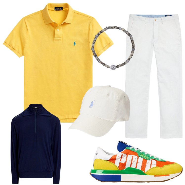 Outfit uomo - After sea. Stile Casual per Mare. Abbinamento con braccialetti, polo, pantaloni, cappelli, sneakers, pullovers.