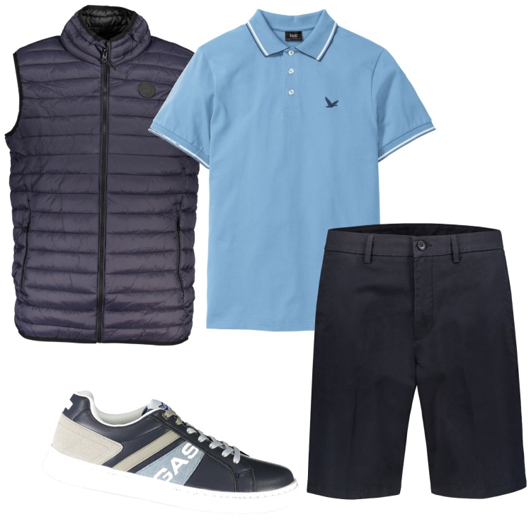 Outfit uomo - Smanicato blu. Stile Casual per Tutti i giorni. Abbinamento con polo, giacche, sneakers, bermuda.