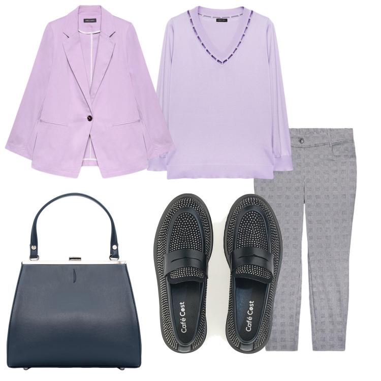 Outfit donna - La giacca viola. Stile Casual chic per Ufficio. Abbinamento con clutch, mocassini, maglieria, pantaloni skinny, blazer.