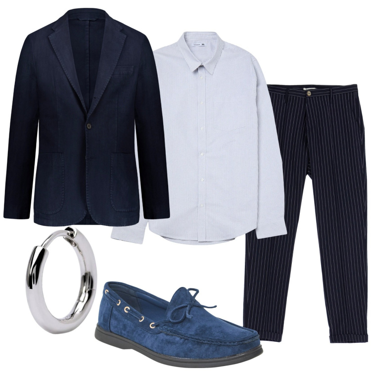 Outfit uomo - Serata in blu. Stile Business/Elegante per Serata speciale. Abbinamento con orecchini, camicie, scarpe stringate, pantaloni, giacche.