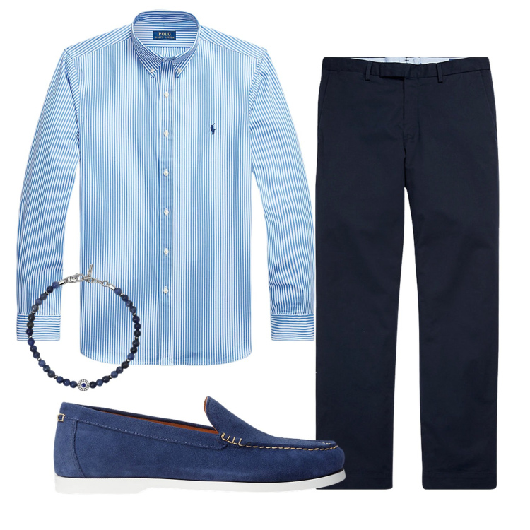 Outfit uomo - Office. Stile Business/Elegante per Ufficio. Abbinamento con braccialetti, camicie, scarpe stringate, pantaloni chino.